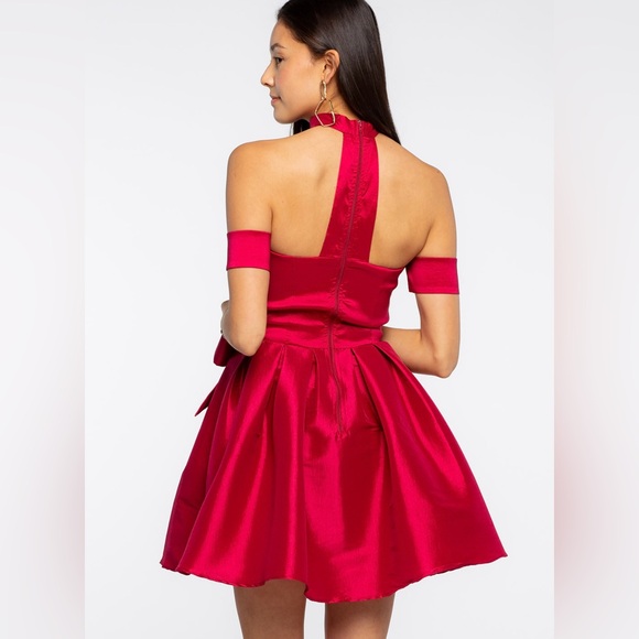 NWT Papaya Satin Bow-Tie Open Back/Shoulder Choker Red Mini Dress SZ L❤️ - Picture 11 of 15